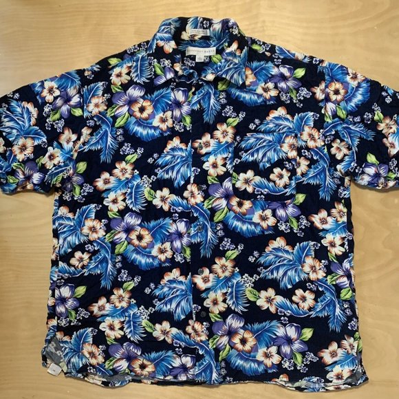Geoffrey Beene Hawaiian Shirt Mens Large L Black & Blue Button Down Summer Shirt - Picture 5 of 8